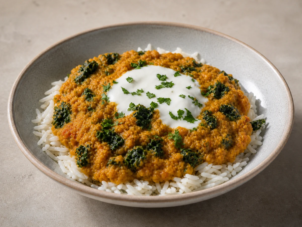 Kale and Spinach Dhal with Yoghurt and Basmati Rice. Red lentils cooked down with onion, ginger and warm spices, wilted with kale and baby spinach and finished with lemon and a spoonful of yoghurt, over basmati.