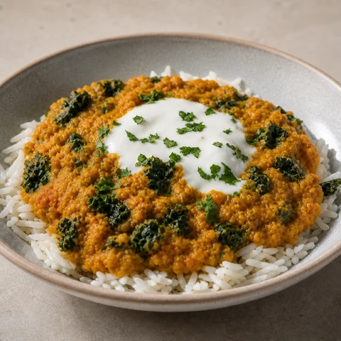 Kale and Spinach Dhal with Yoghurt and Basmati Rice. Red lentils cooked down with onion, ginger and warm spices, wilted with kale and baby spinach and finished with lemon and a spoonful of yoghurt, over basmati.