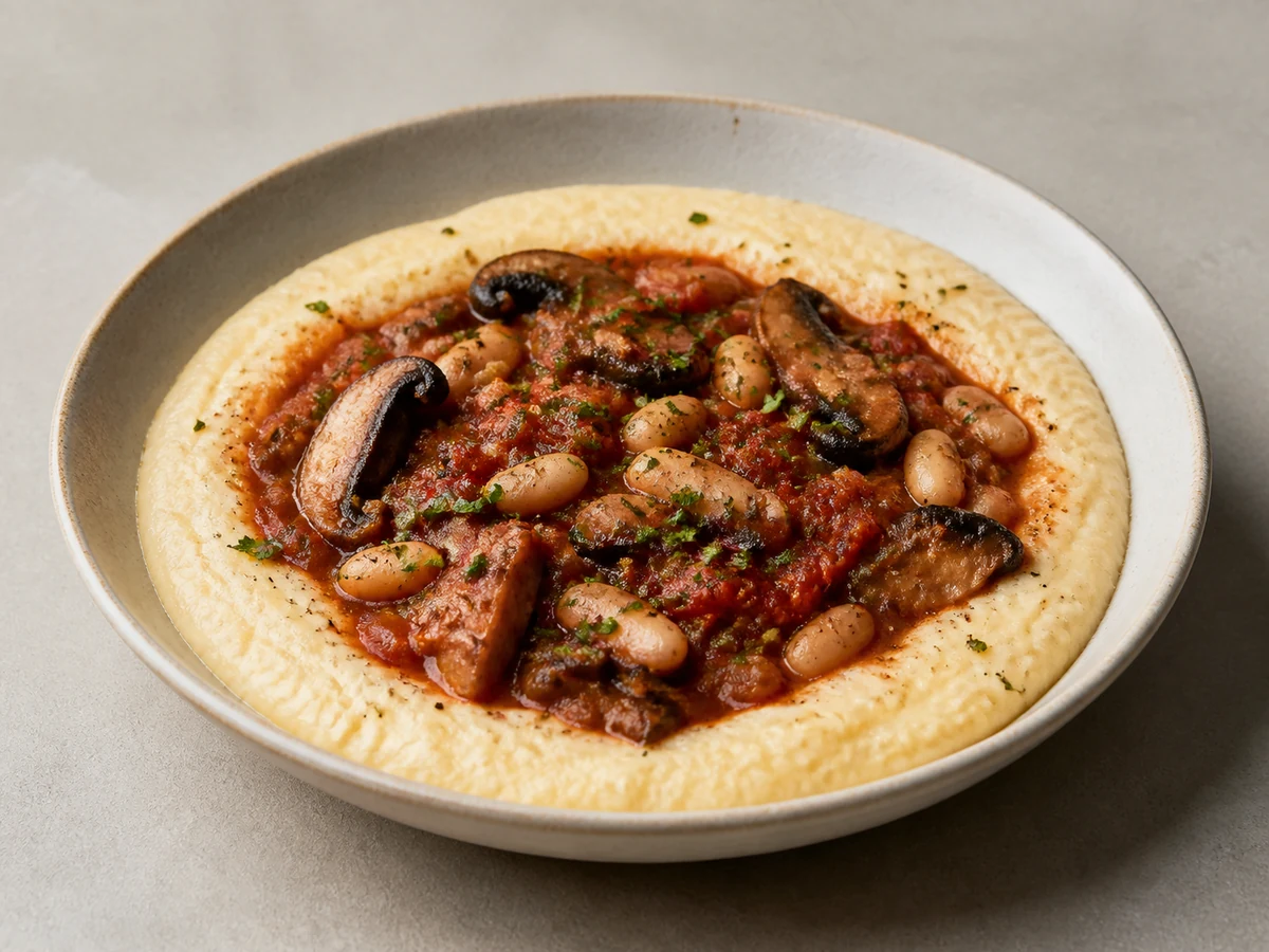 Mushroom and White Bean Stew with Soft Milk Polenta. Mushrooms browned hard and stewed with cannellini beans, tomato and thyme, spooned over polenta cooked loose in milk with butter and parmesan.