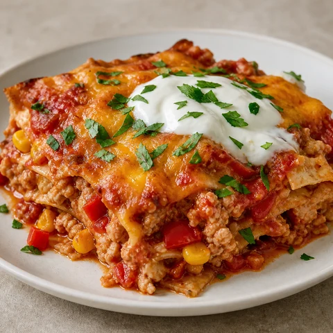 Turkey, Corn and Capsicum Enchilada Bake. Spiced turkey mince with capsicum and sweetcorn layered between corn tortillas and tomato sauce, baked under cheddar and finished with yoghurt and lime.