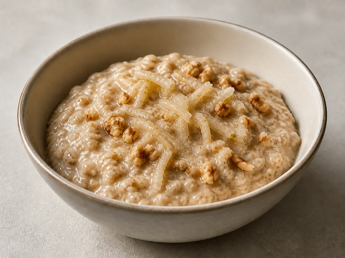 Barley Porridge with Pear and Walnuts. Pearl barley cooked slowly in milk until it splits and goes creamy, with grated pear through it and walnuts on top. A whole grain rather than a refined one, and it keeps you going.