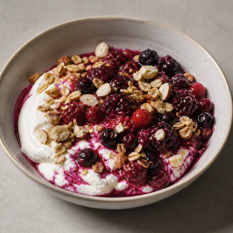 Yoghurt with Berries, Almonds and Cinnamon. Thick yoghurt with warm berries and toasted almonds. Nothing added sweet except the fruit.