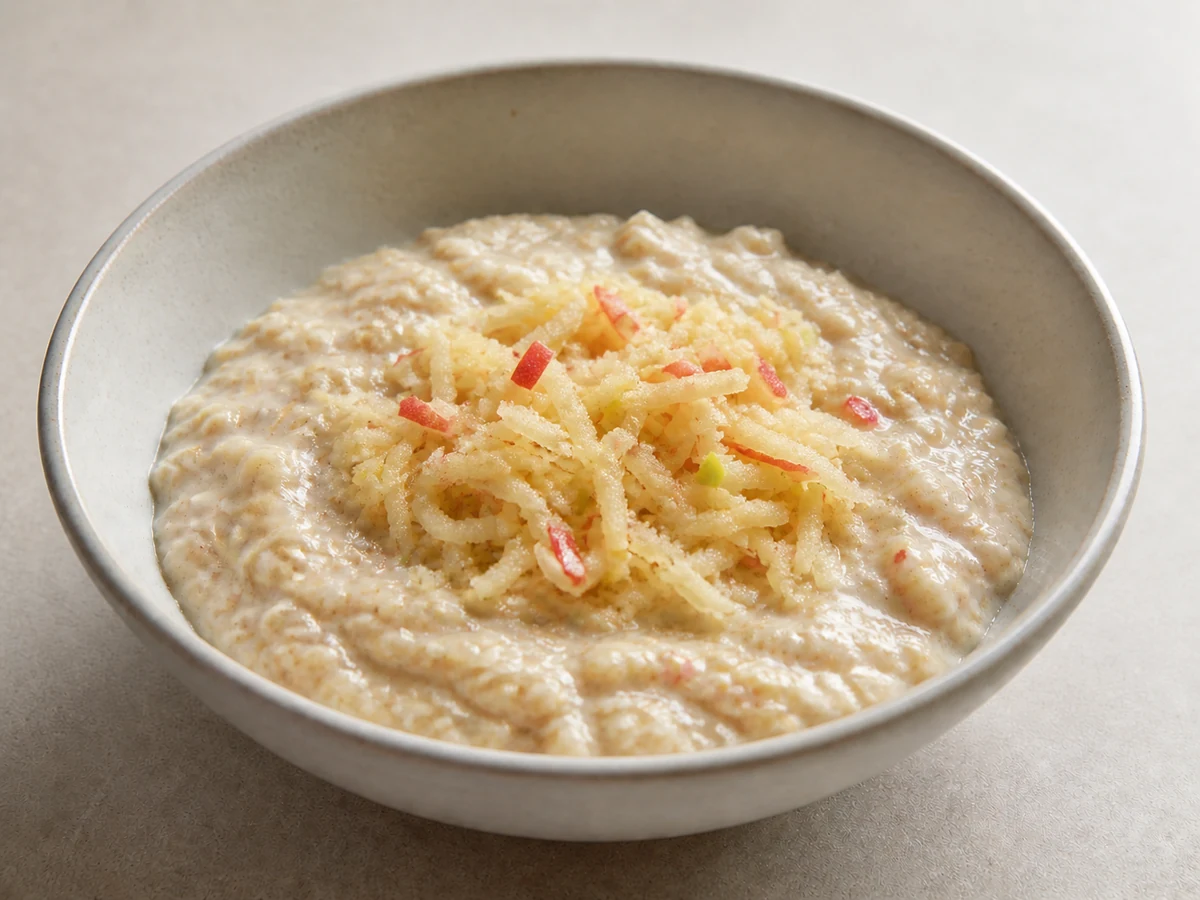Oat and Almond Porridge with Apple. Oats with ground almonds stirred in, which thickens the porridge and puts unsaturated fat and protein into a breakfast that usually has neither.