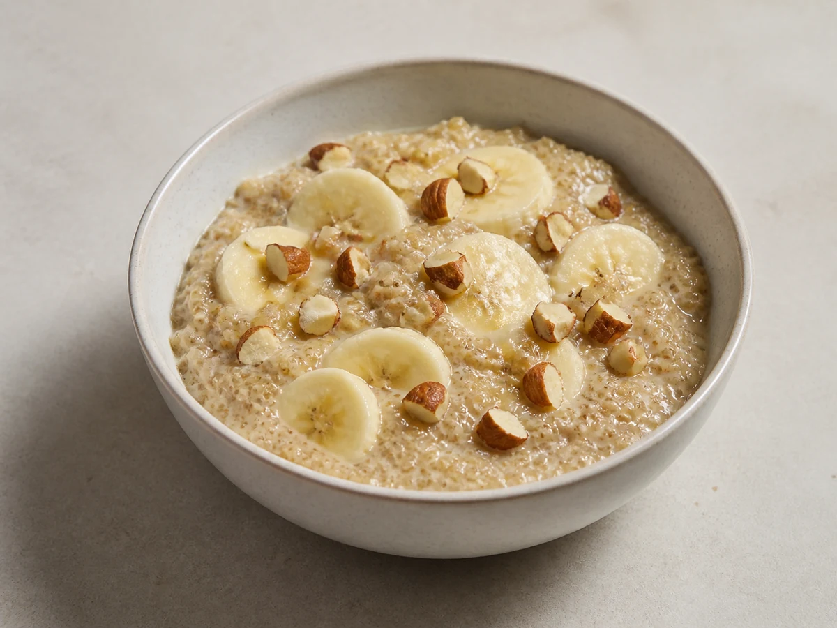 Quinoa Breakfast Bowl with Banana and Almonds. Quinoa cooked in milk until the grains uncurl, with banana mashed in and almonds on top.