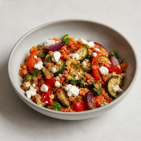 Lentil and Roast Vegetable Salad with Feta. Lentils with roast capsicum, zucchini and red onion, dressed while warm with lemon and plenty of parsley.