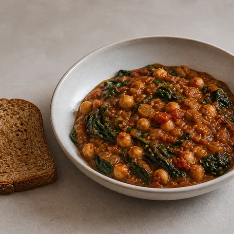Chickpea and Spinach Stew. Chickpeas simmered with tomato, cumin and smoked paprika until the sauce thickens around them, with spinach folded in at the end.