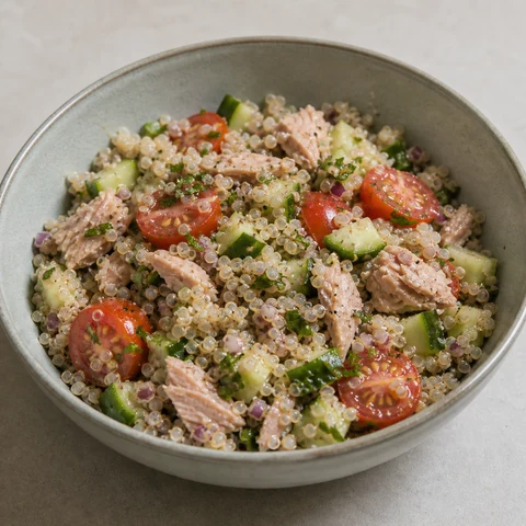 Tuna, Quinoa and Cucumber Salad. Cold quinoa with tuna, cucumber, tomato and a lemon dressing. A lunchbox salad that does not go soggy.