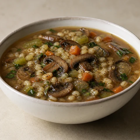 Barley and Mushroom Soup. Mushrooms browned properly and simmered with barley until the soup thickens on its own. No cream anywhere near it.