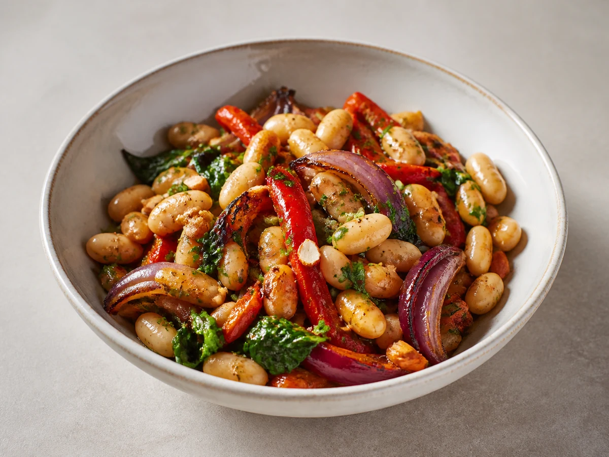 White Bean and Roast Capsicum Salad with Almonds. No-added-salt beans with roast capsicum, red onion and toasted almonds, sharp with sherry vinegar.