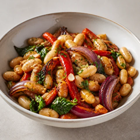 White Bean and Roast Capsicum Salad with Almonds. No-added-salt beans with roast capsicum, red onion and toasted almonds, sharp with sherry vinegar.