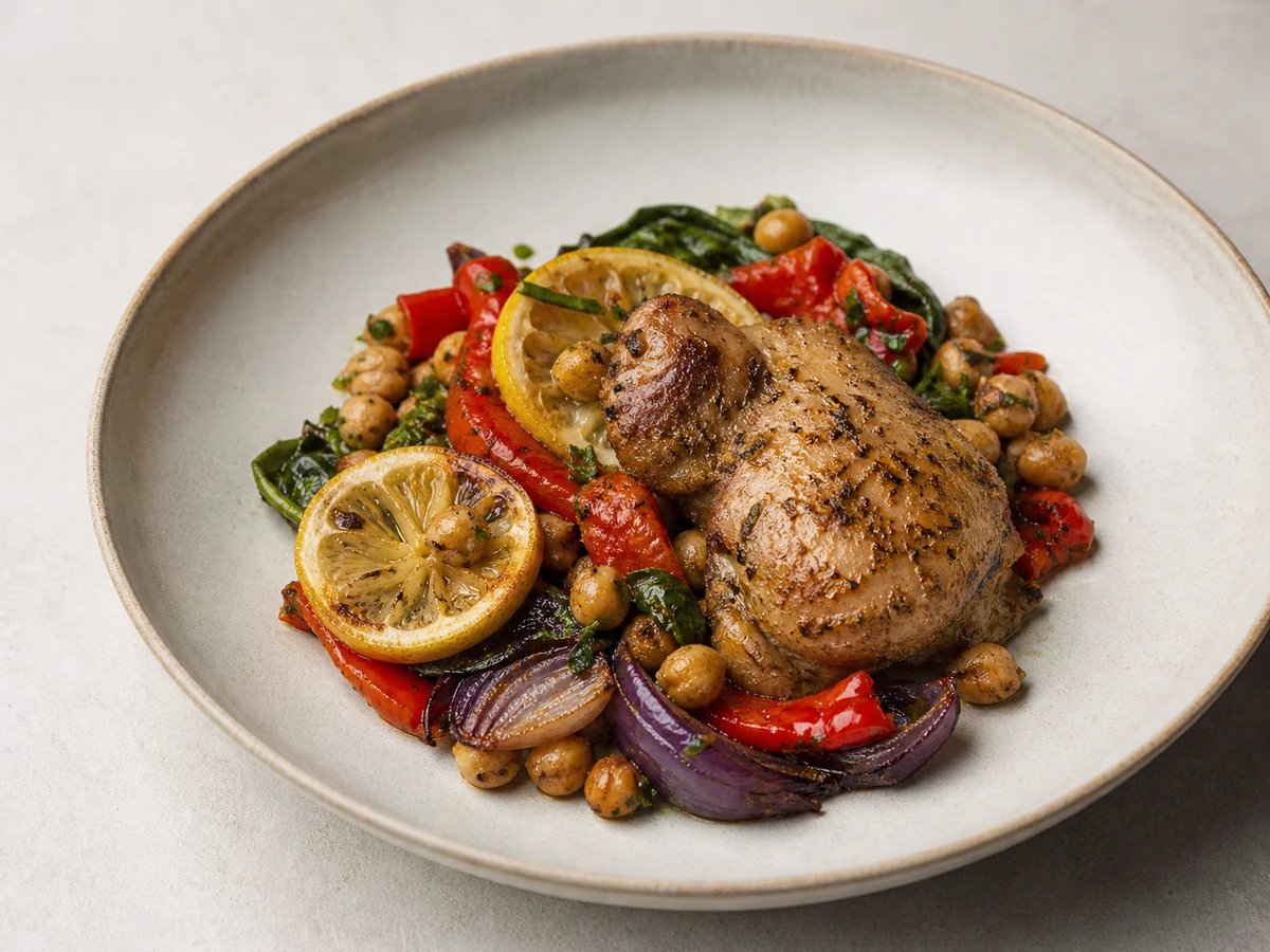 Chicken and Chickpea Tray Bake with Lemon. Chicken thighs roasted over chickpeas and capsicum with lemon and oregano. One tray.