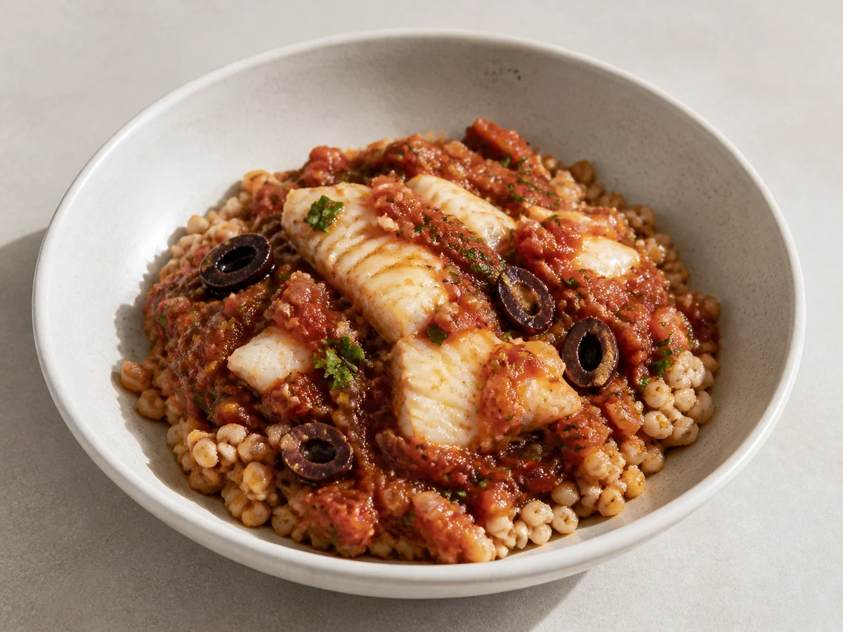 White Fish with Tomato, Olives and Barley. Fish poached in a tomato and olive sauce over barley. The olives do the seasoning.