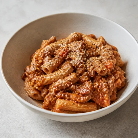 Lentil Bolognese with Wholemeal Pasta. Lentils and finely chopped vegetables cooked down into a thick ragù. Wholemeal pasta rather than white, which changes the dish more than people expect.