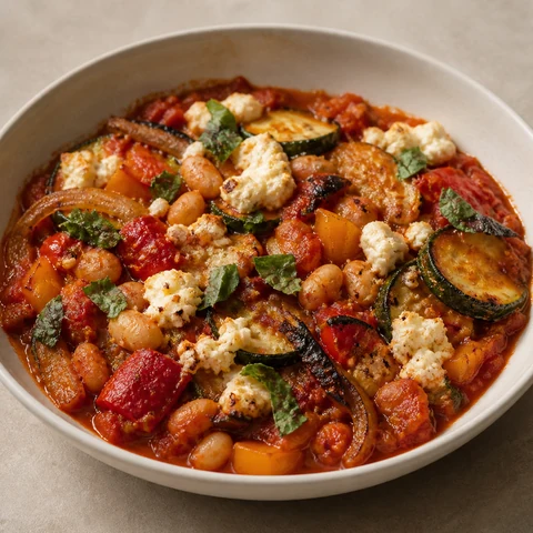 Roast Vegetable and White Bean Bake. Vegetables roasted, then baked under a tomato sauce with white beans and a little feta.