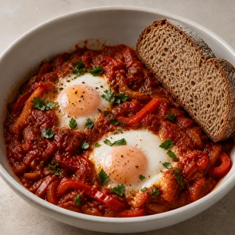 Shakshuka-Style Eggs with Capsicum. Eggs poached in a cumin-and-paprika tomato sauce with red capsicum and onion, scooped up with wholegrain bread.