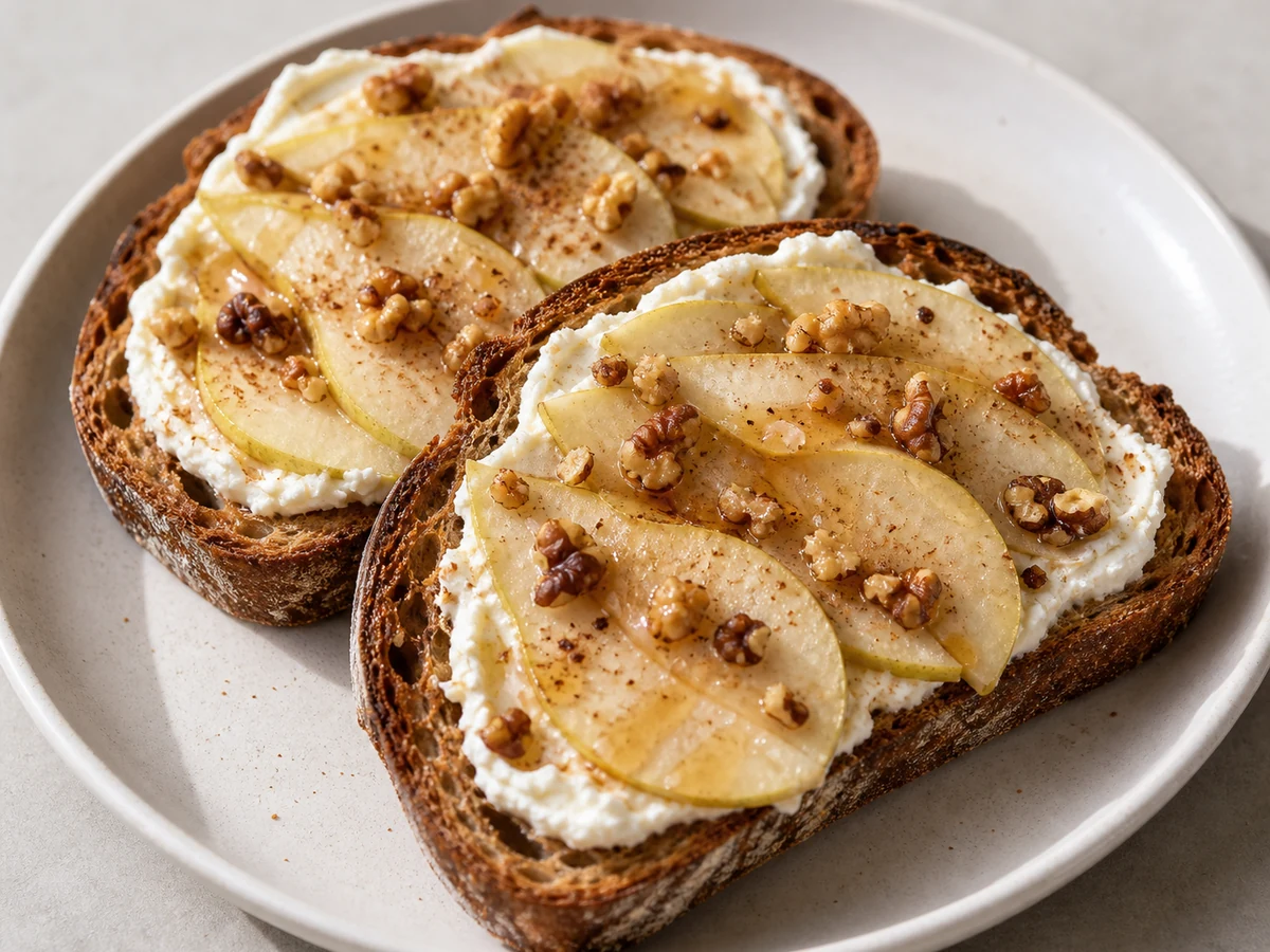 Ricotta, Pear & Walnut Toast. Wholegrain toast spread with ricotta and topped with sliced pear, toasted walnuts, cinnamon and a thread of honey.