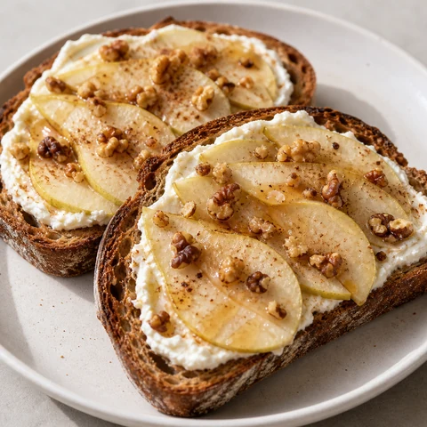 Ricotta, Pear & Walnut Toast. Wholegrain toast spread with ricotta and topped with sliced pear, toasted walnuts, cinnamon and a thread of honey.