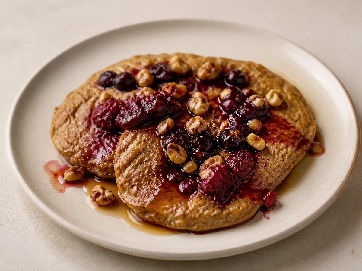Banana & Olive Oil Wholemeal Pancakes. Thick wholemeal pancakes made with mashed banana and olive oil instead of butter, served with warmed berries, toasted walnuts and maple syrup.