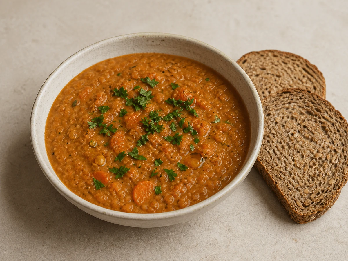 Red Lentil, Carrot & Cumin Soup. A thick soup of red lentils and carrot spiced with cumin and coriander, sharpened with lemon and served with bread.
