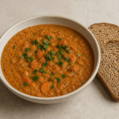 Red Lentil, Carrot & Cumin Soup. A thick soup of red lentils and carrot spiced with cumin and coriander, sharpened with lemon and served with bread.