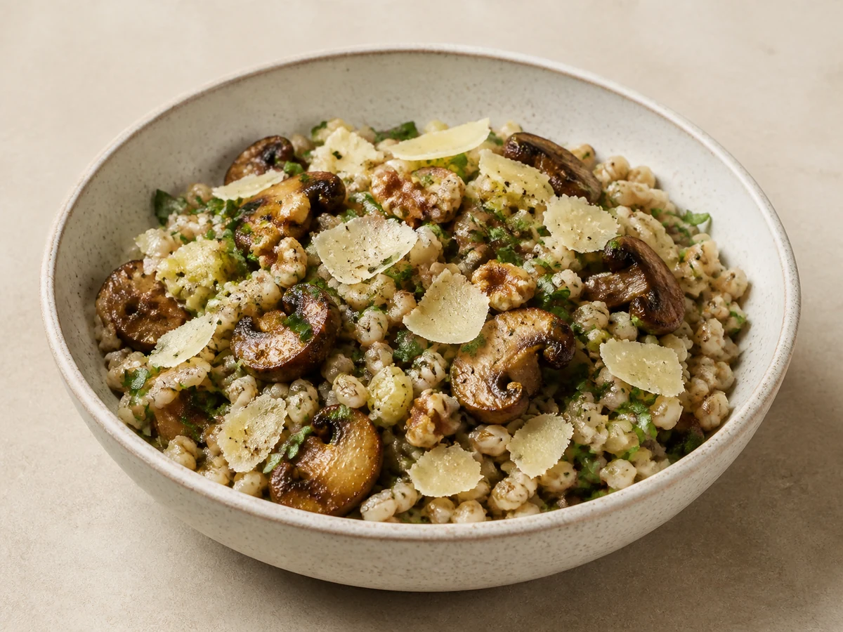Warm Barley, Mushroom & Leek Bowl. Chewy pearl barley tossed with browned mushrooms, soft leek, thyme and lemon, finished with toasted walnuts and shaved parmesan.