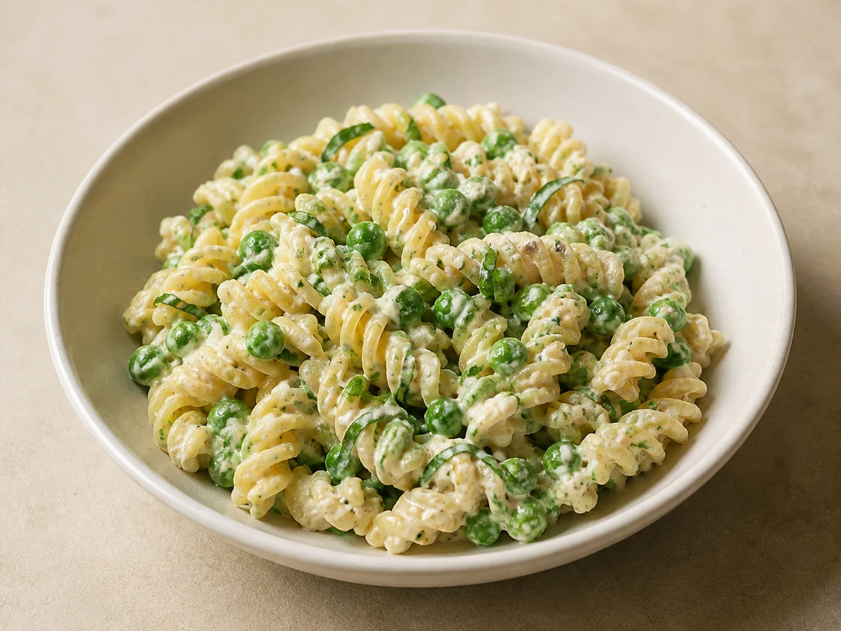 Lemony Pea, Mint & Ricotta Pasta Salad. Short pasta tossed with sweet green peas, ricotta, fresh mint and lemon, eaten warm or at room temperature.