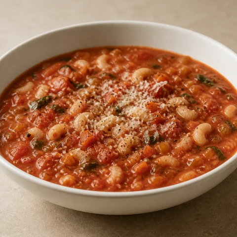 Minestrone with Macaroni & Cannellini Beans. A soft-cooked vegetable soup with cannellini beans and small pasta, finished with basil and grated parmesan.