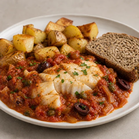 Baked White Fish with Tomato, Olive & Caper Sauce. White fish fillets baked in a punchy tomato sauce with olives and capers, over roast potatoes, with bread for the sauce.
