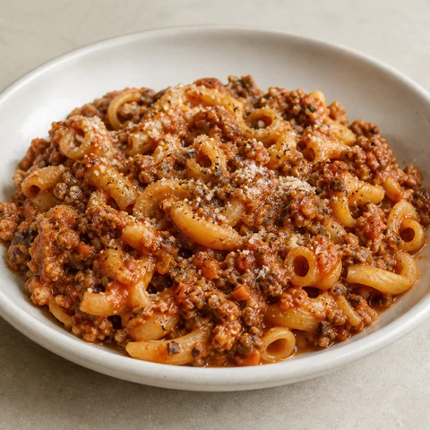 Turkey, Mushroom & Tomato Ragu with Pasta. A slow-simmered ragu of turkey mince, mushrooms and soffritto vegetables tossed through pasta with parmesan.
