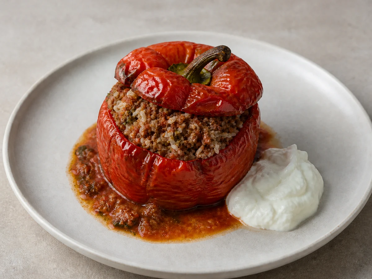 Baked Stuffed Capsicums with Beef, Rice & Herbs. Whole capsicums filled with beef mince, rice, tomato, parsley and mint, baked covered until soft and sweet, served with thick yoghurt.