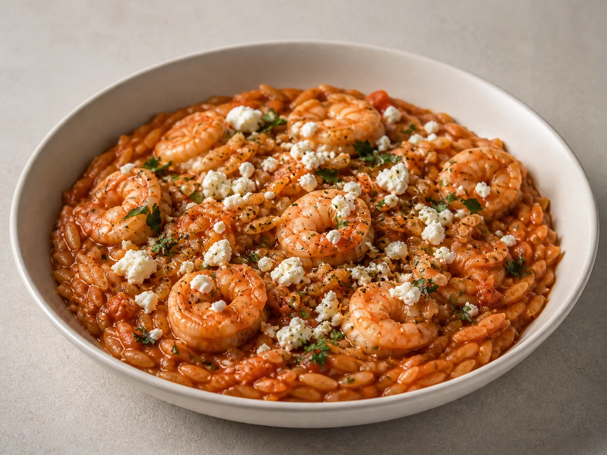 Prawn, Tomato & Feta Orzo Bake. Orzo baked in a tomato and oregano broth with prawns folded through at the end and feta crumbled over.