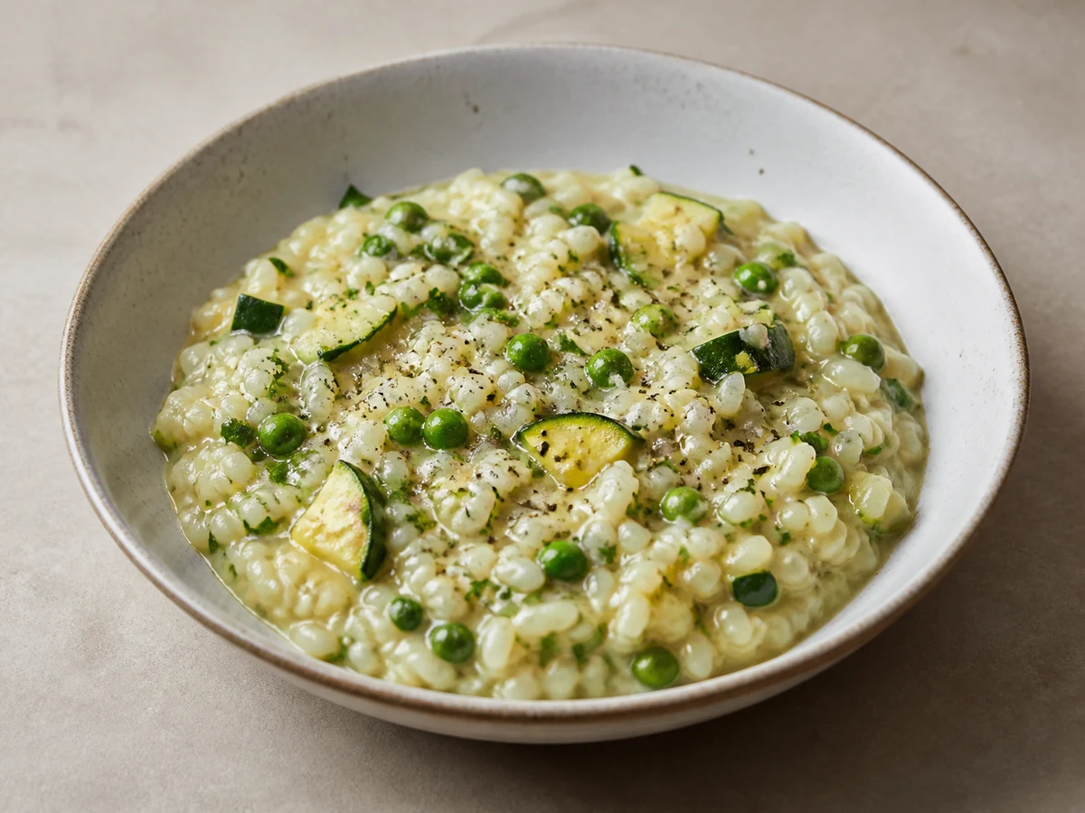 Zucchini, Pea & Lemon Risotto. A stirred risotto of arborio rice with soft leek, zucchini and green peas, finished with lemon and parmesan.
