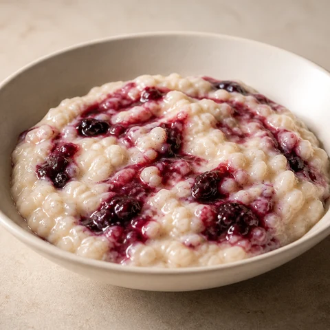 Creamed Rice with Warm Berry Compote. Short-grain rice simmered slowly in milk until the grains swell and collapse into a loose pudding enriched with butter, rippled with a warm berry compote.
