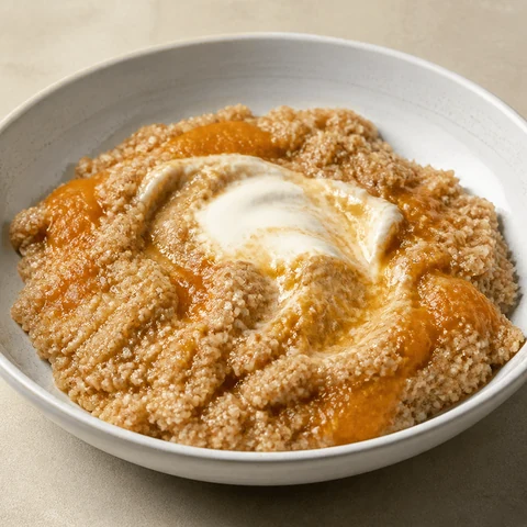 Warm Milk Couscous with Apricot Purée. Couscous steamed soft in hot cinnamon milk, spooned over a smooth stewed-apricot purée with a spoonful of yoghurt.