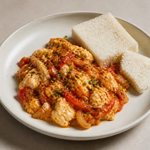 Silken Tofu Scramble with Capsicum & Smoked Paprika. Silken tofu folded into a slow-cooked capsicum, onion and tomato base so it breaks into soft damp curds, with warm bread to mop the pan.