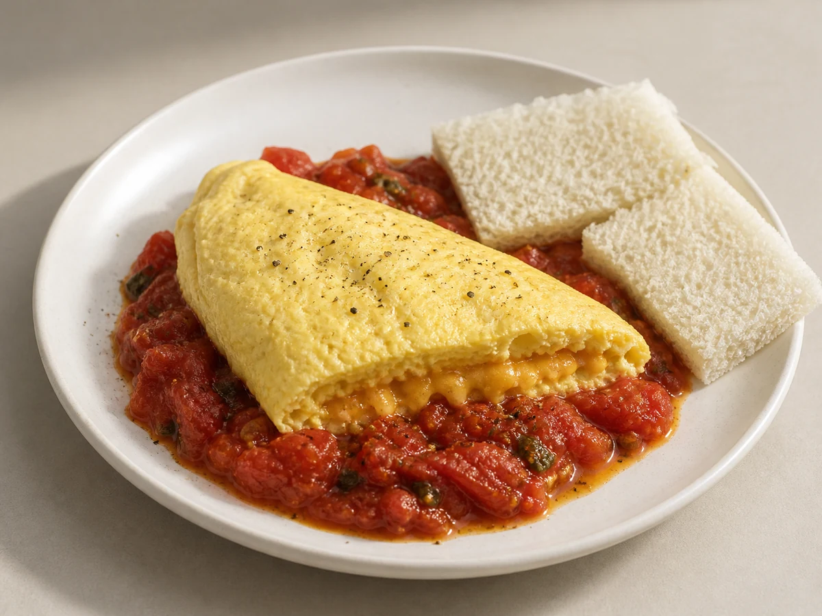 Soufflé Omelette with Cheddar & Slow-Cooked Tomato. Whisked eggs cooked slowly and covered so the omelette stays foam-light and damp, folded around melting cheddar over jammy slow-cooked tomatoes.