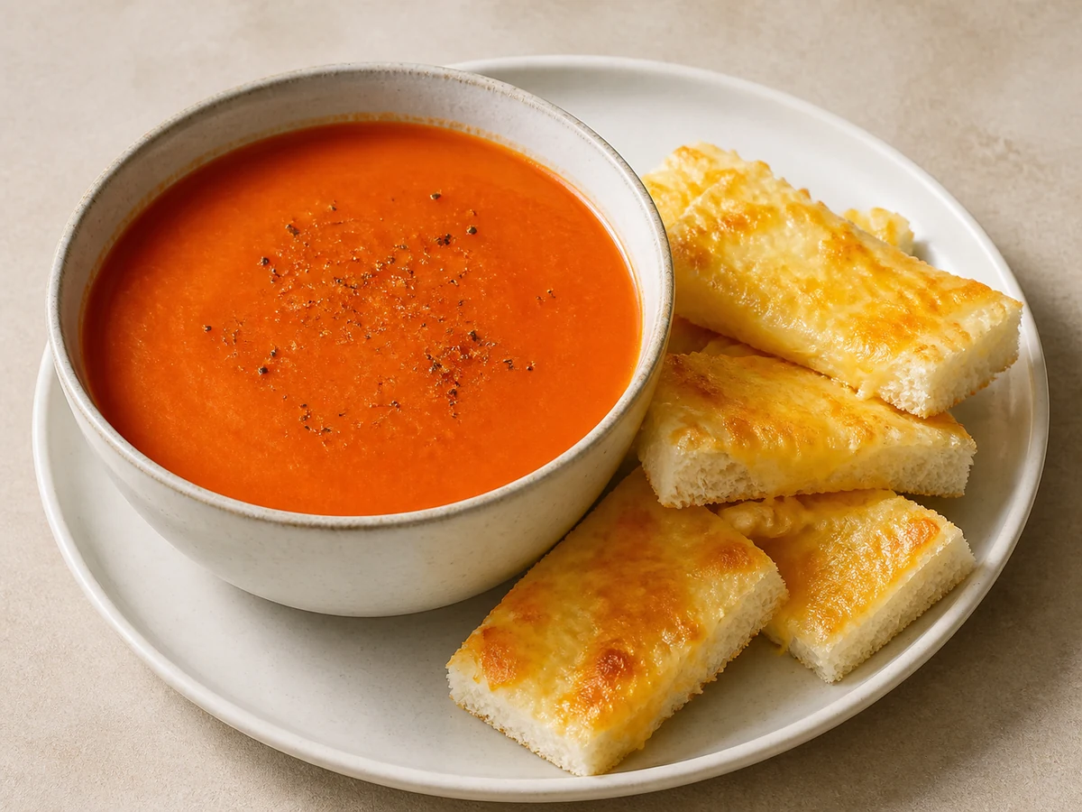 Roasted Capsicum & Tomato Soup with Cheese Bread. Capsicum roasted until soft and blended with tomato into a smooth red soup, with cheddar melted onto soft bread for dipping.