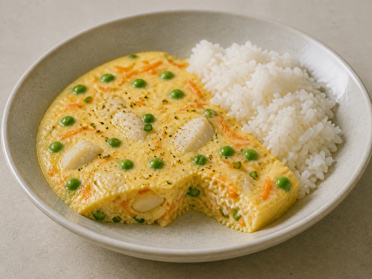 Steamed Egg Custard with White Fish & Peas. A savoury steamed egg custard set just firm enough to hold a spoon, with soft flakes of white fish, peas and grated carrot through it, and rice alongside.