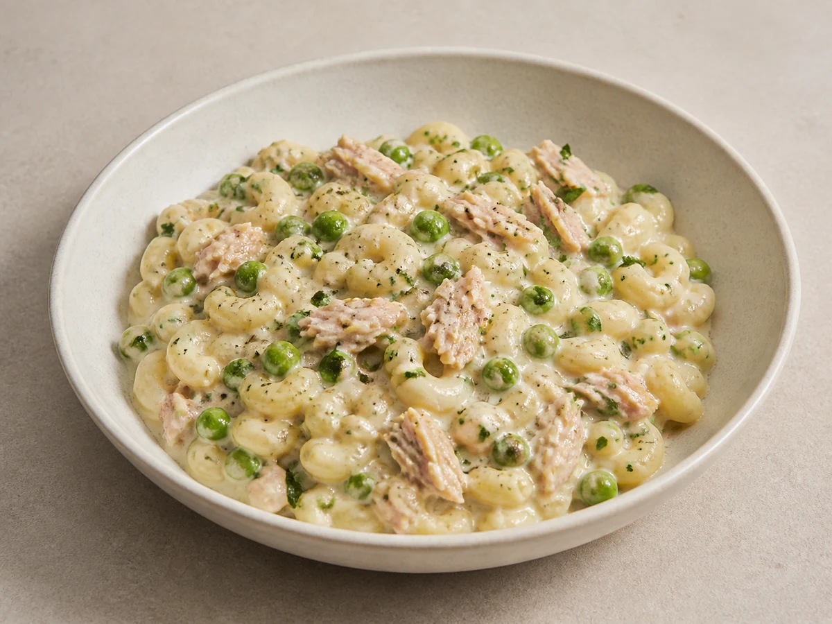 Tuna, Pea & Macaroni Mornay. Macaroni cooked well past al dente and folded into a loose cheddar sauce with tuna and peas, soft enough to eat with a spoon.