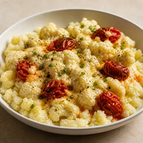 Cauliflower Cheese with Crushed Potato. Cauliflower boiled until it falls apart, folded into cheddar sauce over buttery crushed potato, with roasted cherry tomatoes for sharpness.
