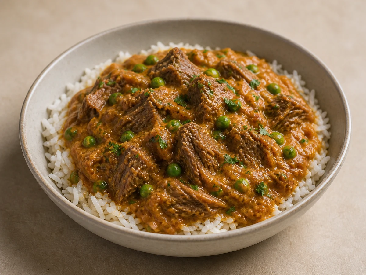 Mild Lamb & Pea Curry with Basmati. Diced lamb braised slowly in a mild spiced tomato sauce until it falls apart, finished with yoghurt and peas over soft basmati.