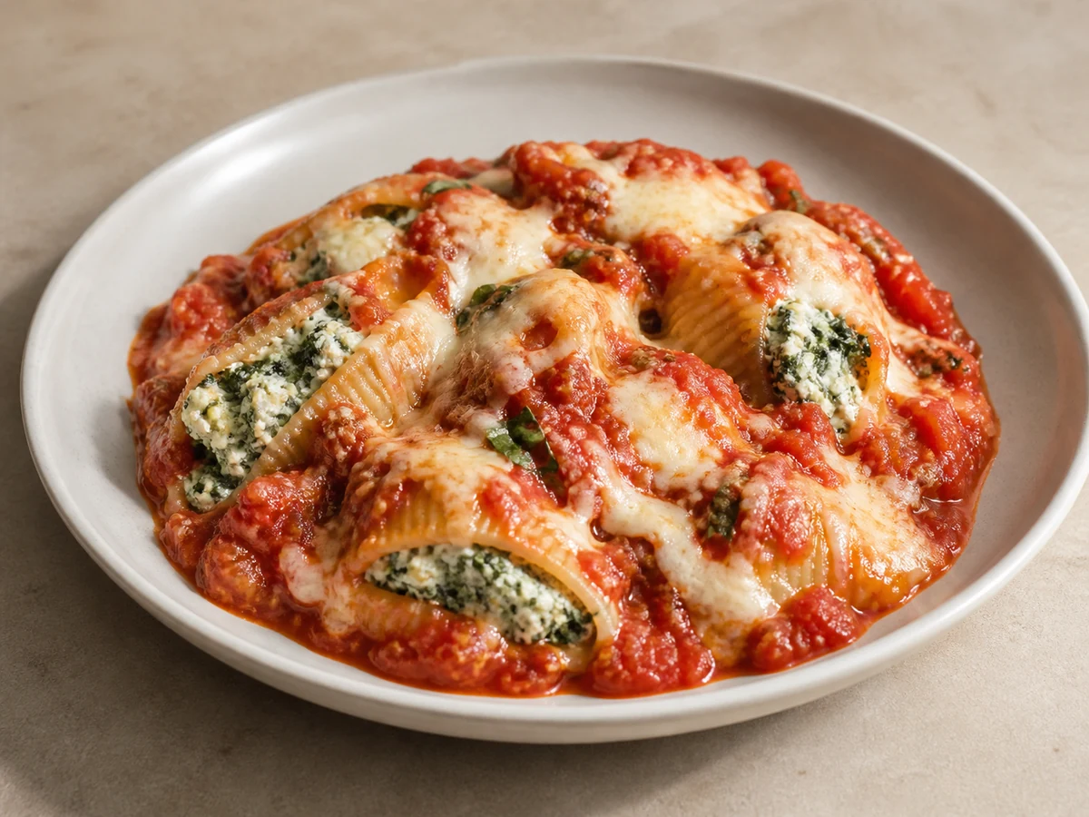 Baked Ricotta & Spinach Pasta Shells. Large pasta shells filled with ricotta and spinach and baked under tomato sauce and mozzarella until the pasta gives to the side of a fork.