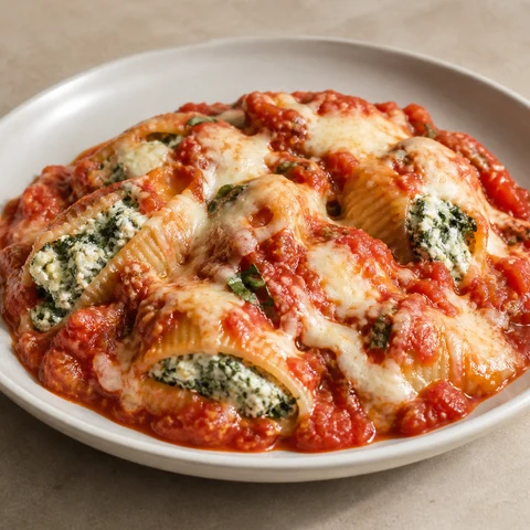 Baked Ricotta & Spinach Pasta Shells. Large pasta shells filled with ricotta and spinach and baked under tomato sauce and mozzarella until the pasta gives to the side of a fork.