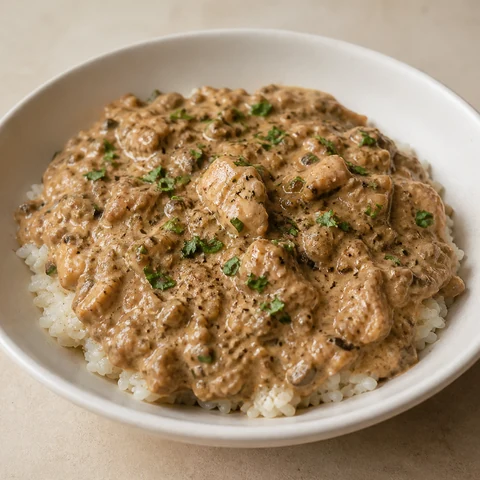 Chicken & Mushroom Stroganoff with Soft Rice. Chicken thigh simmered small with finely chopped mushrooms in a smoky paprika and yoghurt sauce, over buttery soft rice.